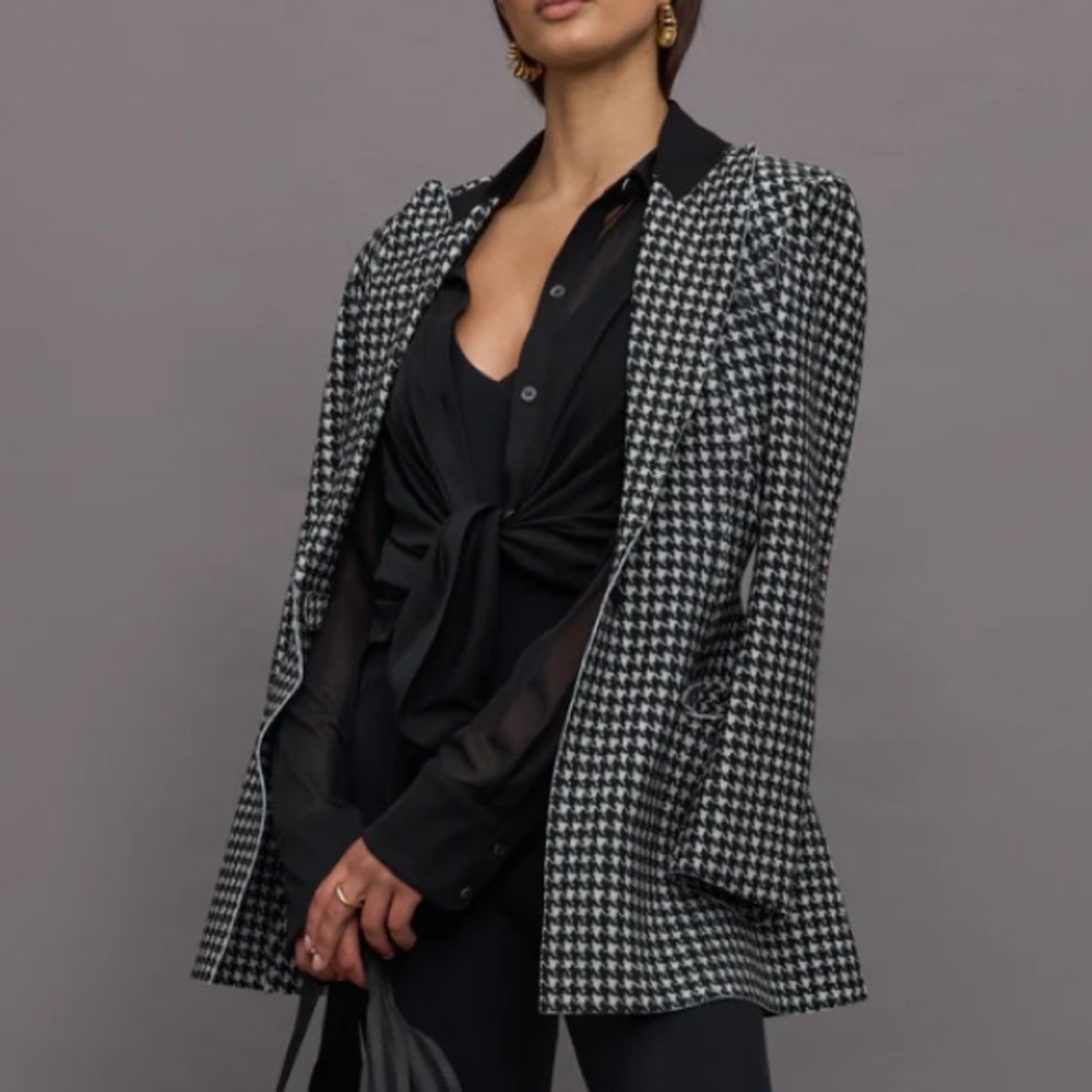 ISOFACE] Black White Houndstooth Wool Leather Boy-fit Riding Jacket Blazer